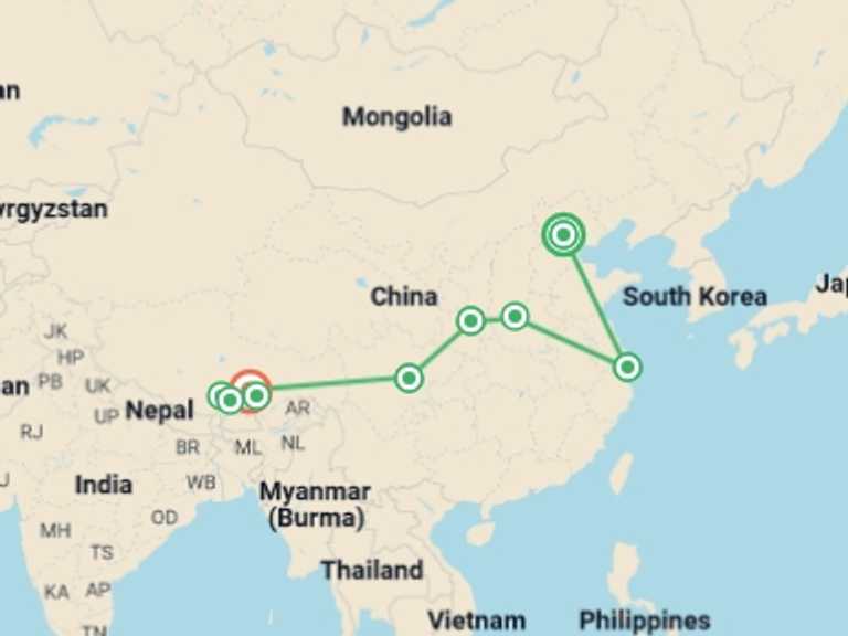 Map of a Explorer Tour with 9 destination visits for the trip: Traditional China & Mysteries of Tibet