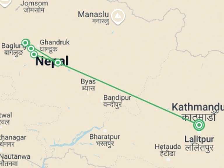 Map itinerary of Poonhill trek Tour in July 2027 with 6 destination visits for the trip: Ghorepani Poon Hill Trek: Five Days