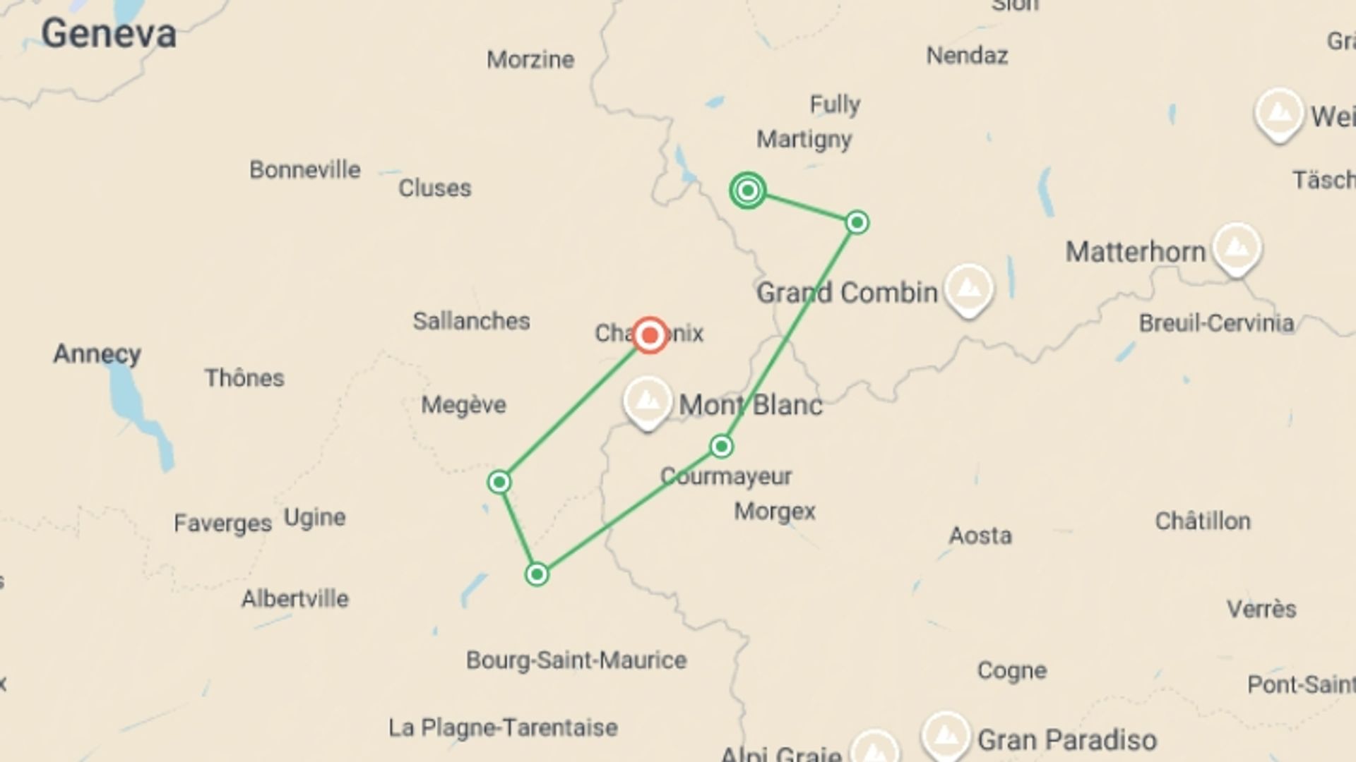 A map showing the tour itinerary for the trip: Tour du Mont Blanc Week Trek, starting in Col De La Forclaz, Switzerland and ending in Chamonix, France going through 6 other destinations.