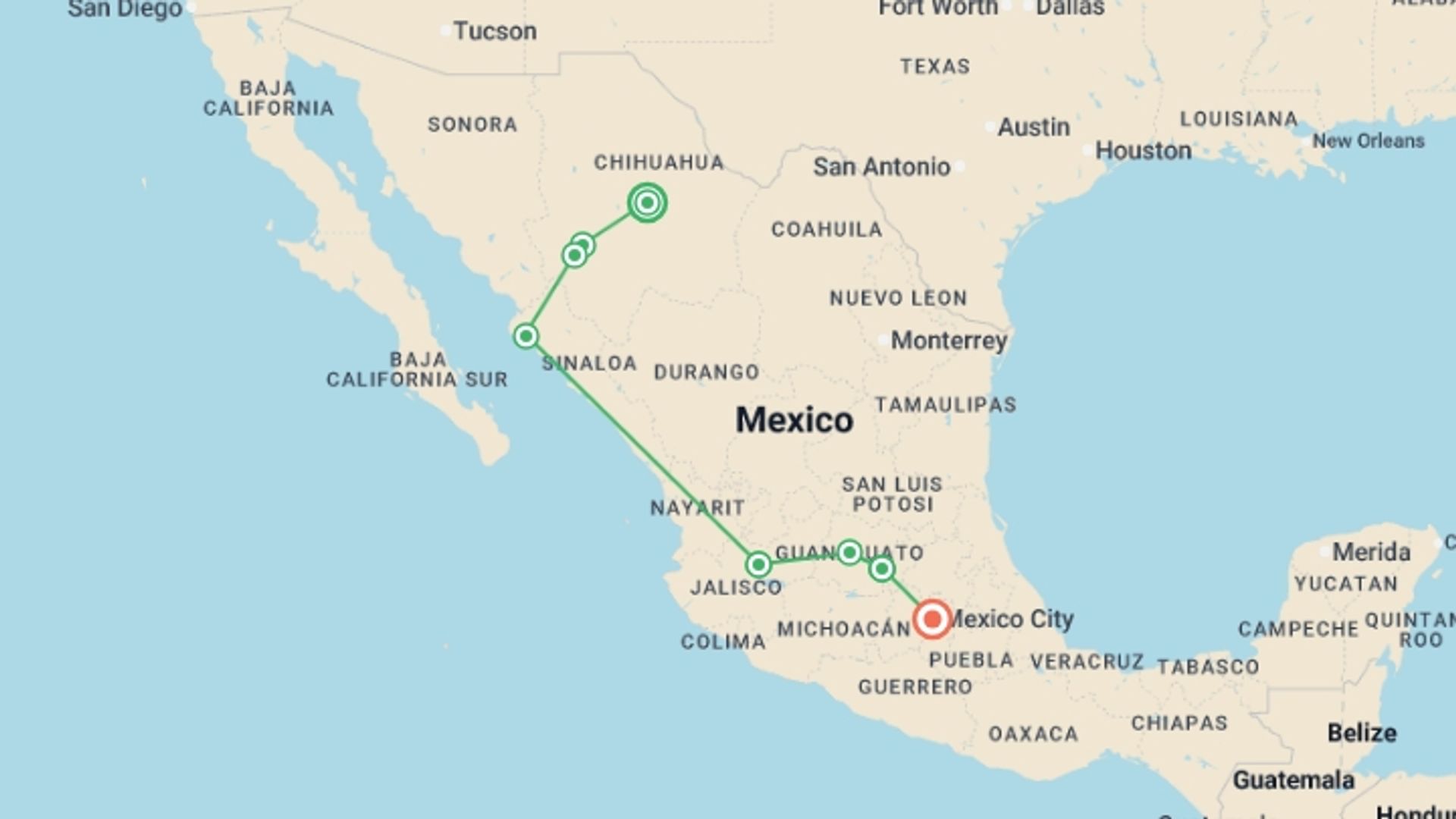 A map showing the tour itinerary for the trip: Mexico: Tradition and Modernity, starting in Chihuahua, Mexico and ending in Mexico City, Mexico going through 6 other destinations.