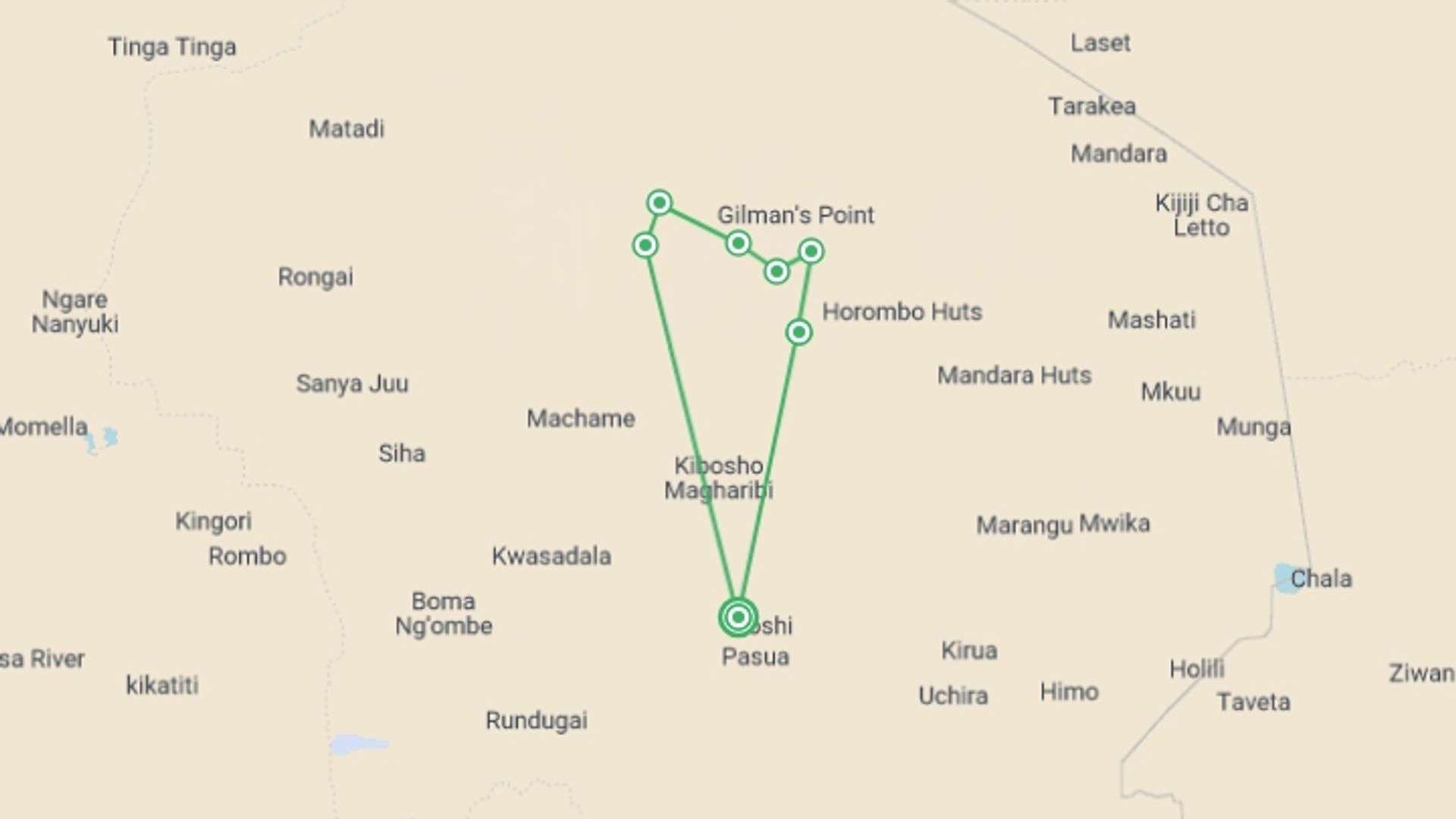 A map showing the tour itinerary for the trip: Kilimanjaro Machame Trek, starting in Moshi, Tanzania and ending in Moshi, Tanzania going through 7 other destinations.