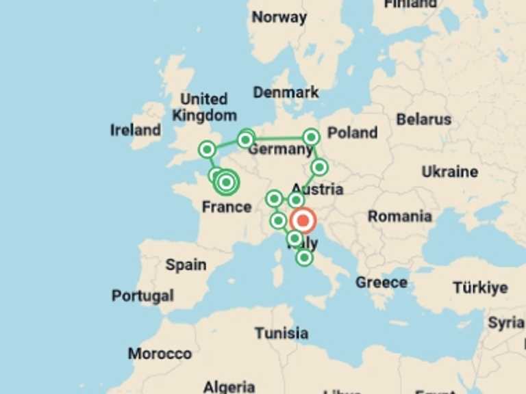 Map itinerary of Rome Tour in July 2026 with 13 destination visits for the trip: Great European Tour