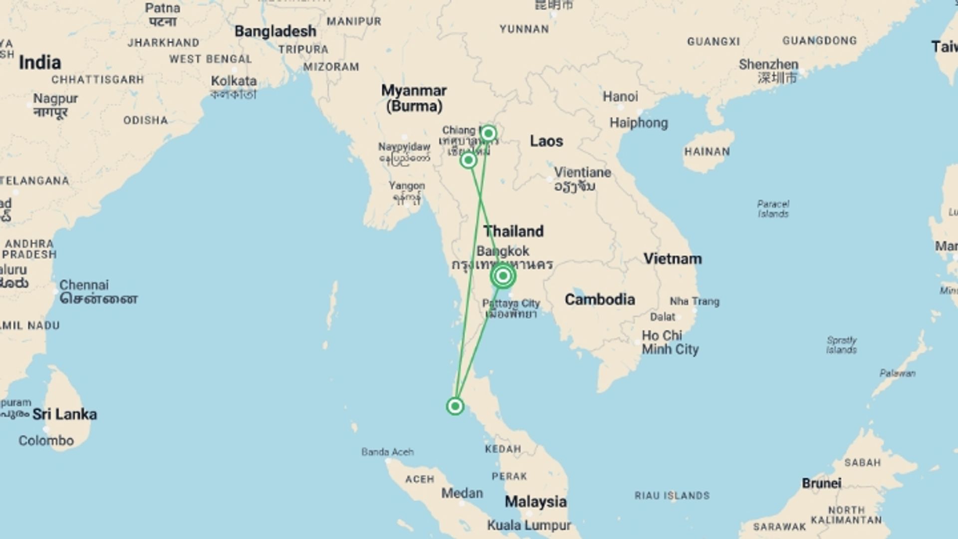 A map showing the tour itinerary for the trip: Bangkok, Golden Triangle & Phuket Beach Extension - Private Tour, starting in Bangkok, Thailand and ending in Bangkok, Thailand going through 3 other destinations.