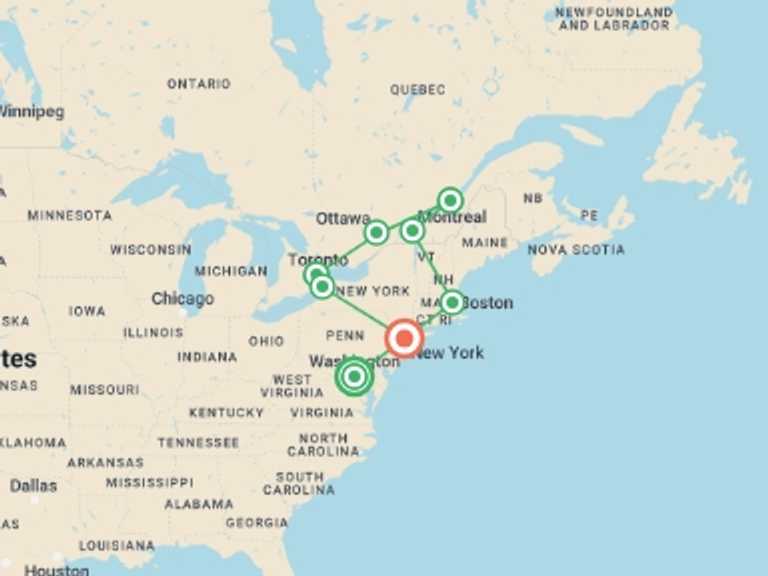 Map itinerary of Washington D.C. Tour in September 2025 with 8 destination visits for the trip: Whashington, NY with Capites Canadienses end NY