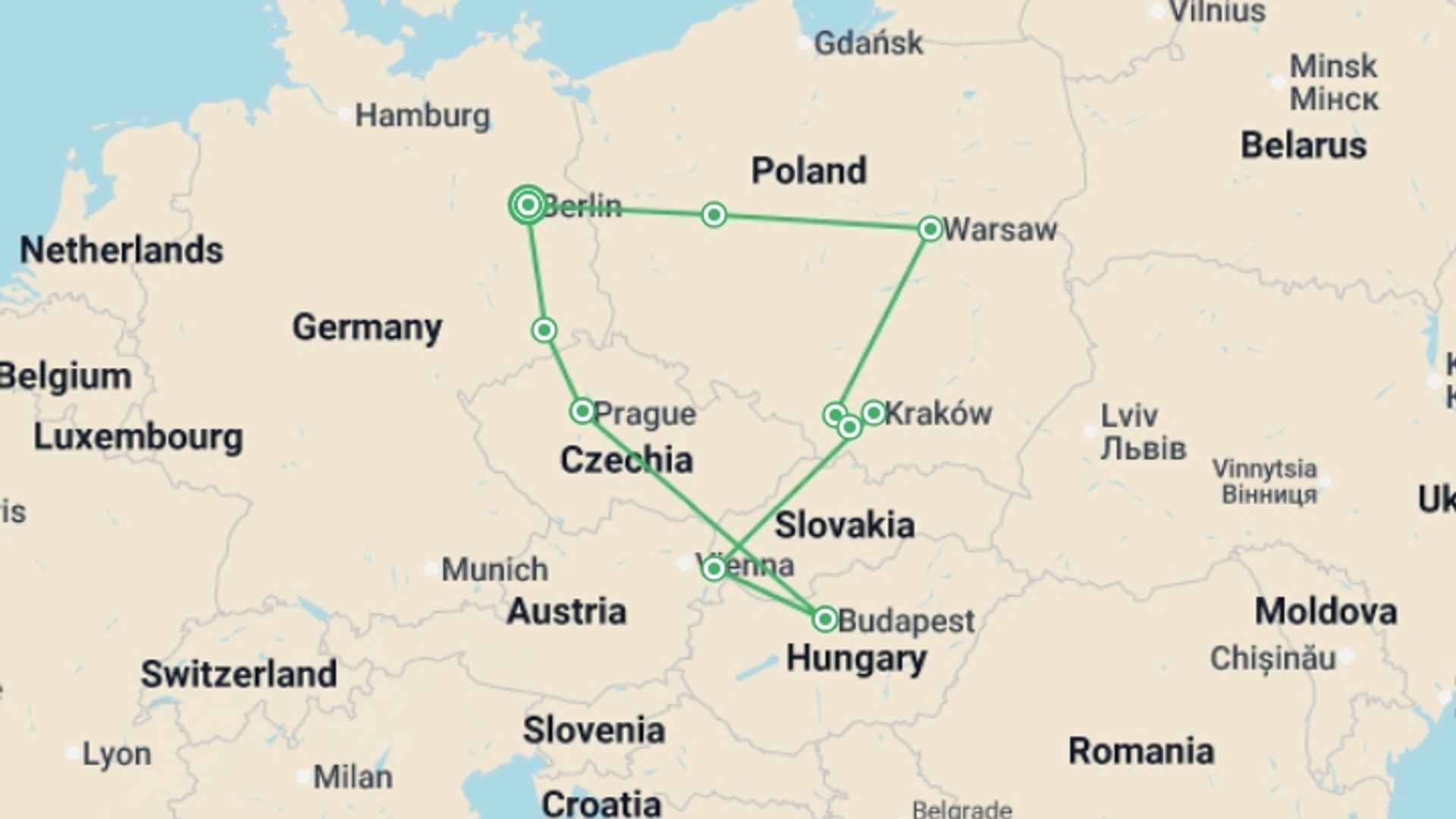 A map showing the tour itinerary for the trip: Berlin, Prague, Budapest, and Poland, starting in Berlin, Germany and ending in Berlin, Germany going through 5 other destinations.