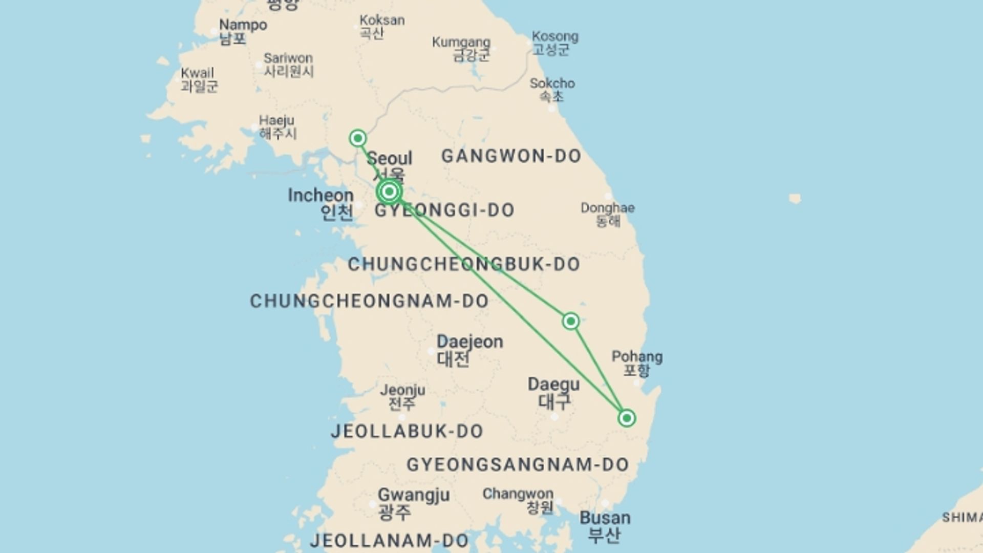 A map showing the tour itinerary for the trip: South Korean Express - 7 days, starting in Seoul, South Korea and ending in Seoul, South Korea going through 1 other destinations.