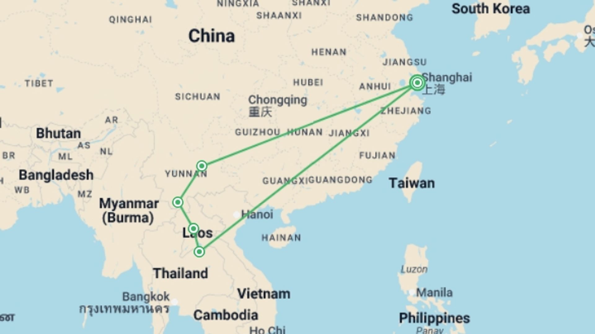 A map showing the tour itinerary for the trip: Cultural Marvels And Natural Treasures: From Shanghai To Laos Tour, starting in Shanghai, China and ending in Shanghai, China going through 4 other destinations.