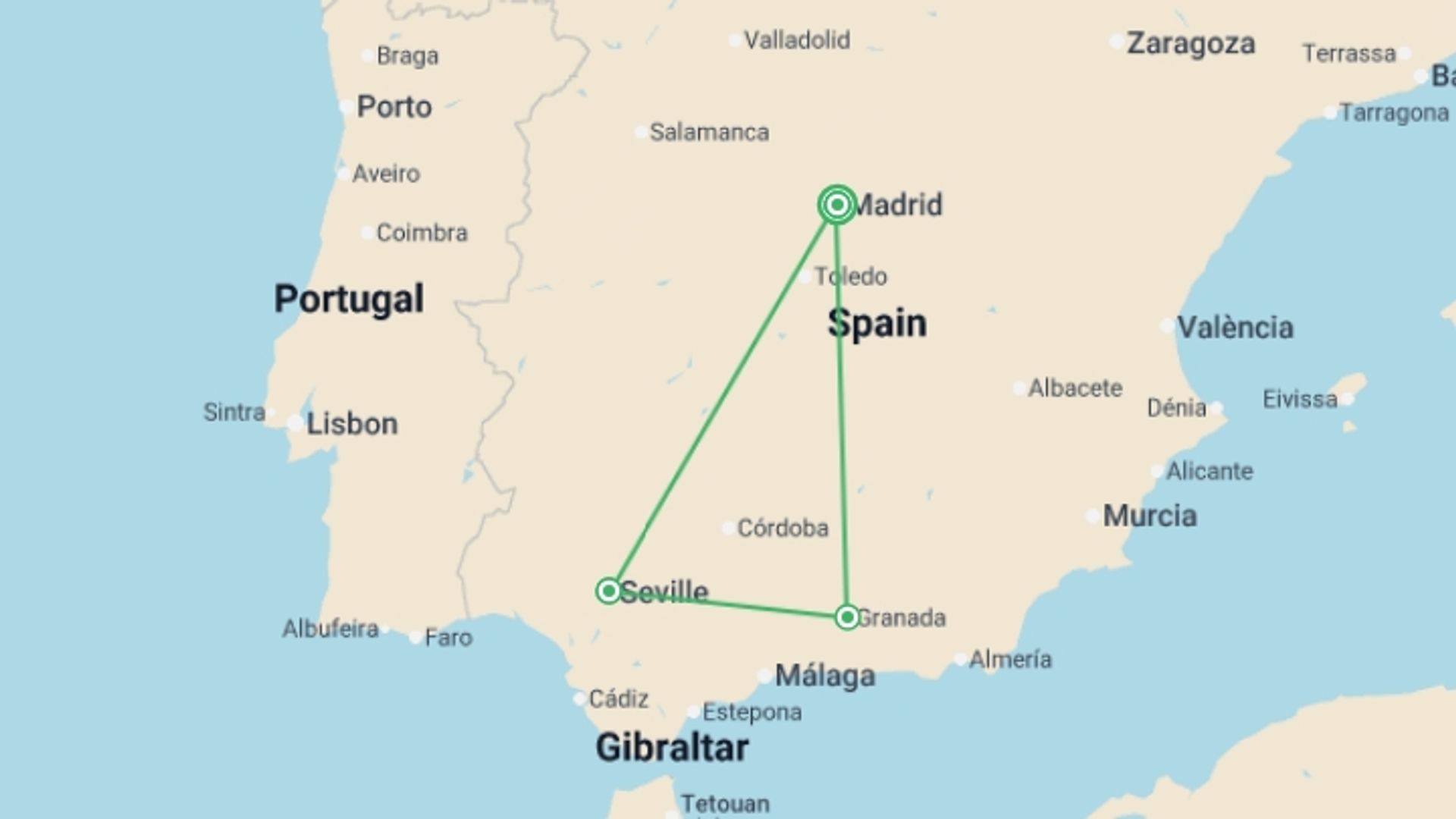 A map showing the tour itinerary for the trip: An Andalusian Story (without Alhambra) GO, starting in Madrid, Spain and ending in Madrid, Spain going through 2 other destinations.