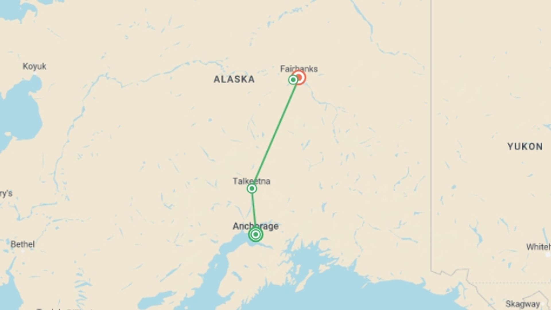 A map showing the tour itinerary for the trip: Alaska in Winter: Northern Lights & Dog Sledding Adventure, starting in Anchorage, USA and ending in Fairbanks, USA going through 2 other destinations.
