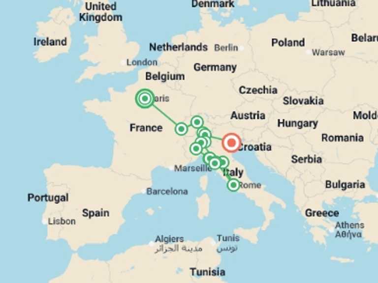 Map itinerary of Lucca Tour in September 2026 with 12 destination visits for the trip: France, Switzerland, and Italy by Rail
