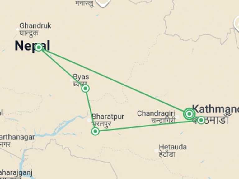 Map itinerary of Pokhara Tour in November 2026 with 5 destination visits for the trip: Classic Nepal