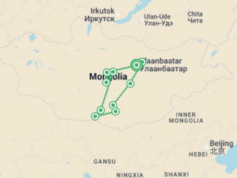 Map of Asia Tour with 14 destination visits for the trip: Discover Mongolia - Naadam Festival