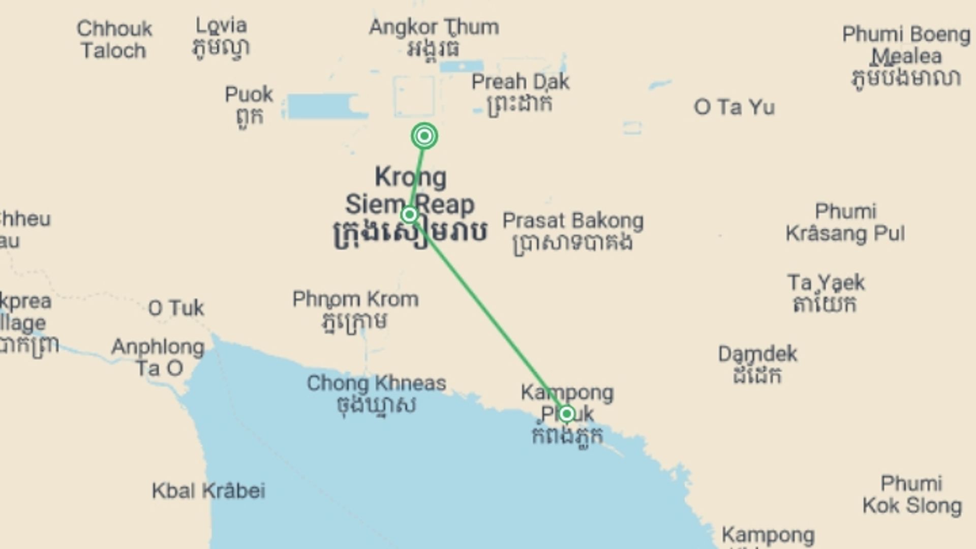 A map showing the tour itinerary for the trip: Angkor Experience, starting in Angkor Wat, Cambodia and ending in Angkor Wat, Cambodia going through 1 other destinations.