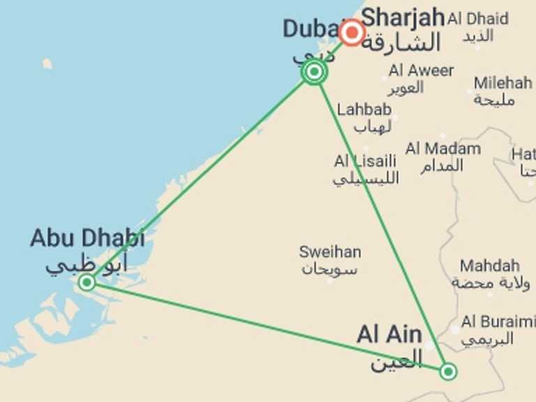 Map of a Desert safaris Tour with 4 destination visits for the trip: Essential Dubai With Abu Dhabi