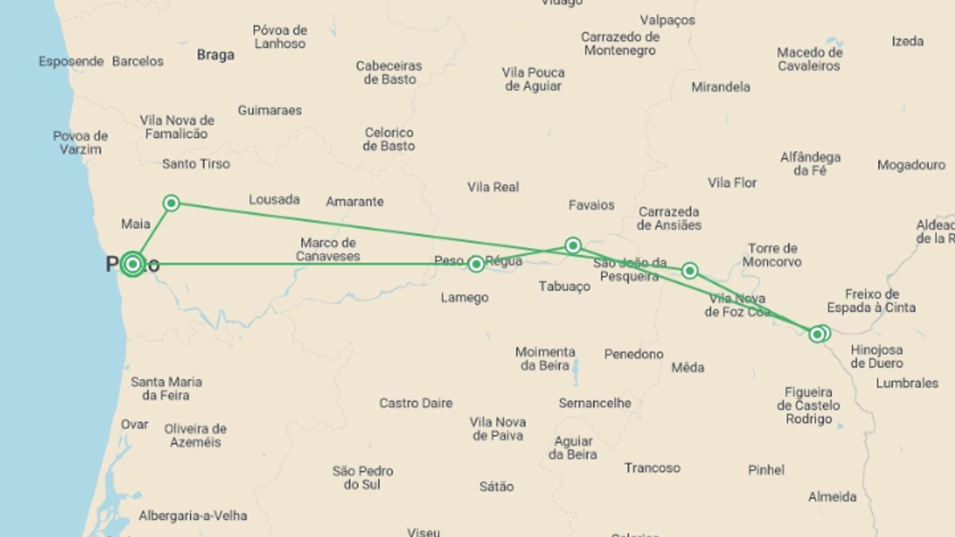 A map showing the tour itinerary for the trip: Family Club: Porto, the Douro valley (Portugal) and Salamanca (Spain) (port-to-port cruise), starting in Porto, Portugal and ending in Porto, Portugal going through 4 other destinations.