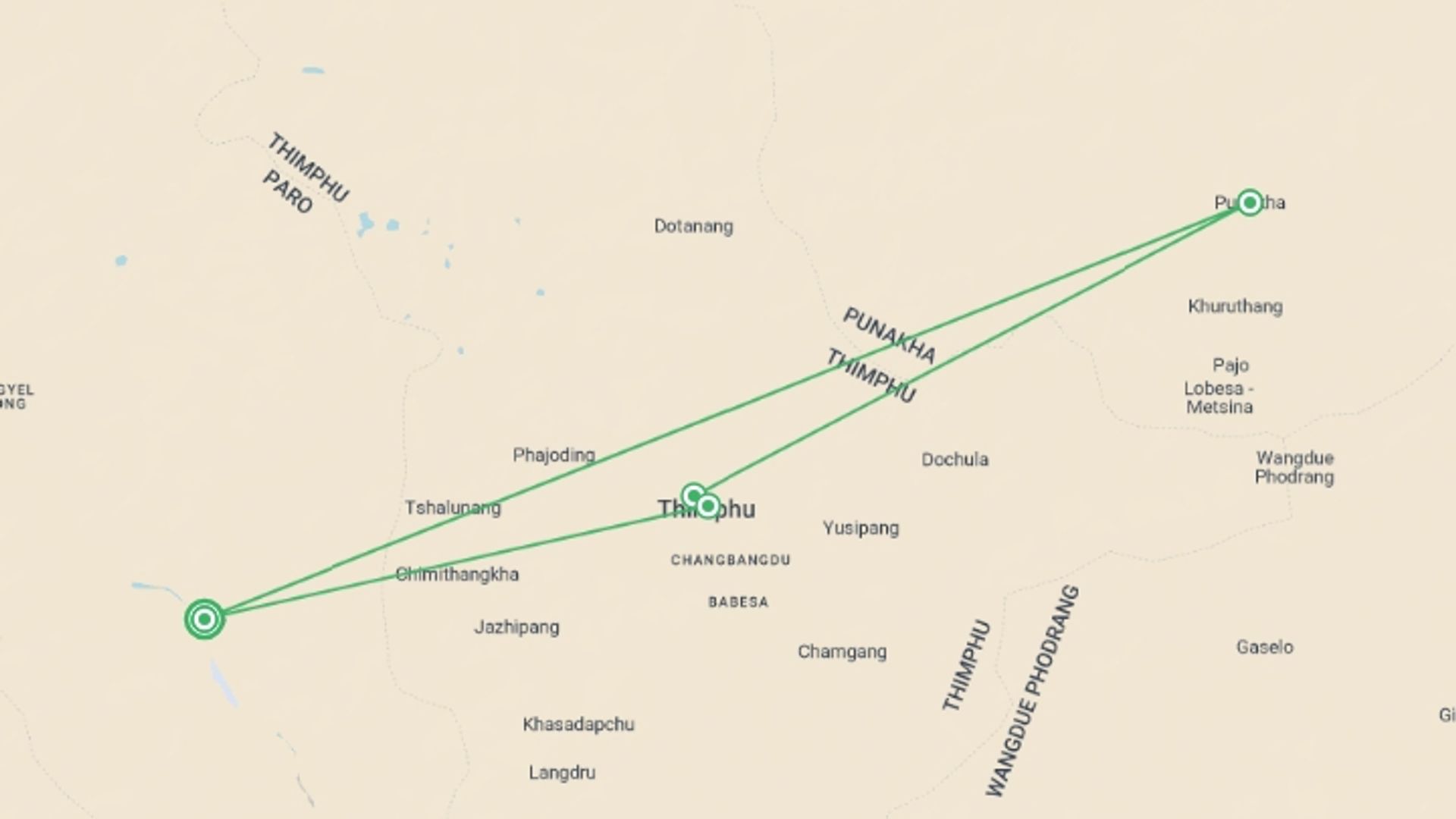 A map showing the tour itinerary for the trip: Bhutan Heritage by Bicycle, starting in Paro, Bhutan and ending in Paro, Bhutan going through 3 other destinations.