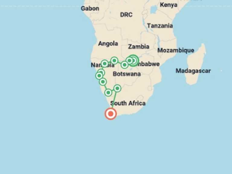 Map itinerary of Cape Town Tour in September 2026 with 11 destination visits for the trip: Southern Africa Falls to Cape - 20 days