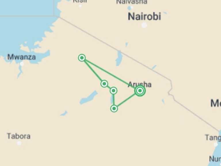 Map of 6-Day Ngorongoro Crater Tour with 7 destination visits for the trip: 6 Days Treasure and Leisure