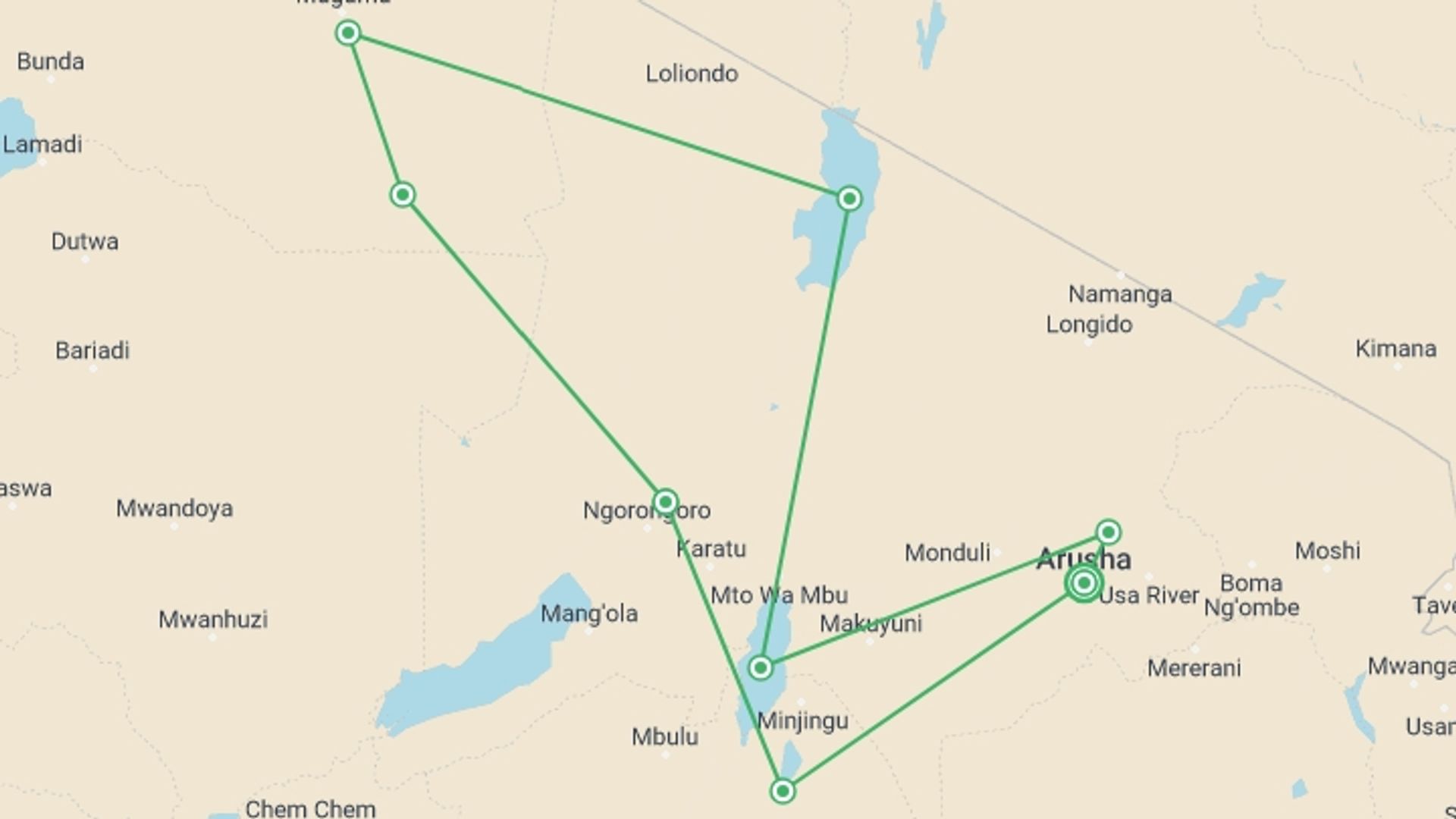 A map showing the tour itinerary for the trip: 10 Days Base Camp Safari Tanzania, starting in Arusha, Tanzania and ending in Arusha, Tanzania going through 8 other destinations.