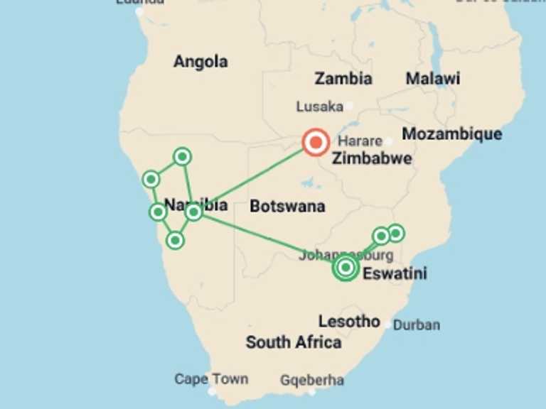 Map of Windhoek Wildlife Tour with 9 destination visits for the trip: Journeys: Kruger, Victoria Falls & Namibia