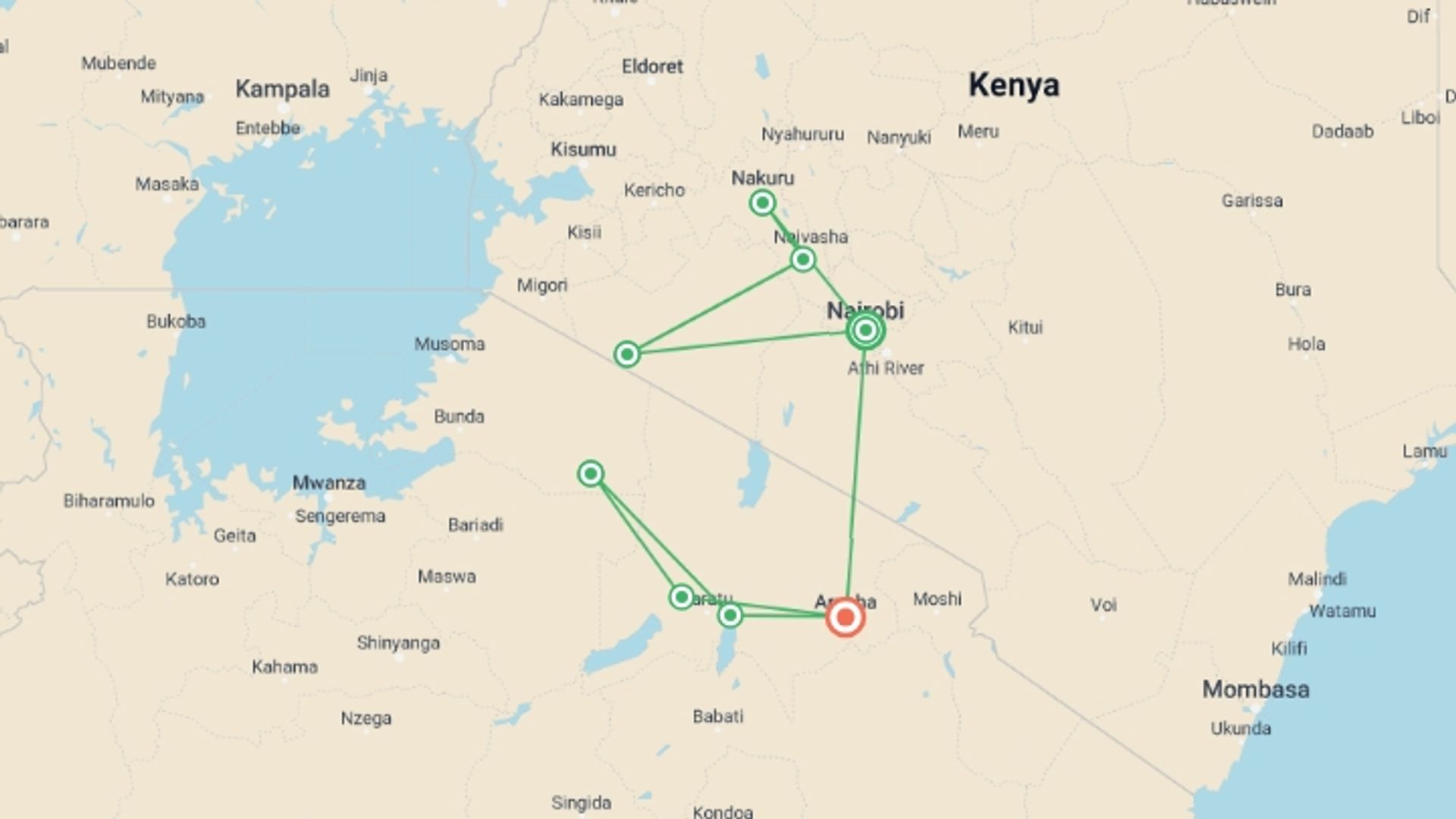 A map showing the tour itinerary for the trip: Journeys: Kenya & Tanzania Safari, starting in Nairobi, Kenya and ending in Arusha, Tanzania going through 6 other destinations.
