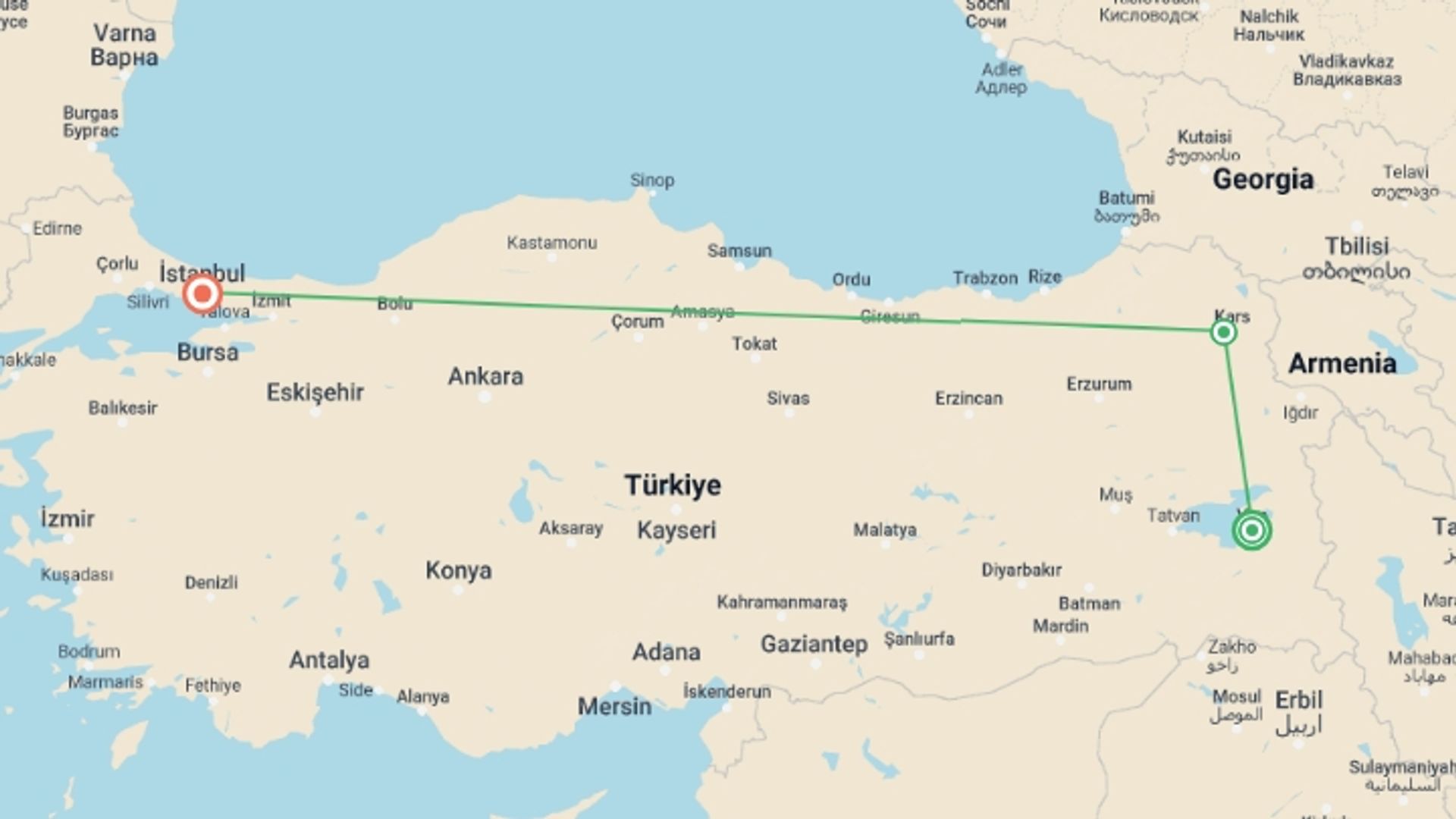 A map showing the tour itinerary for the trip: Land of Ararat Tour, starting in Van, Turkey and ending in Istanbul, Turkey going through 1 other destinations.