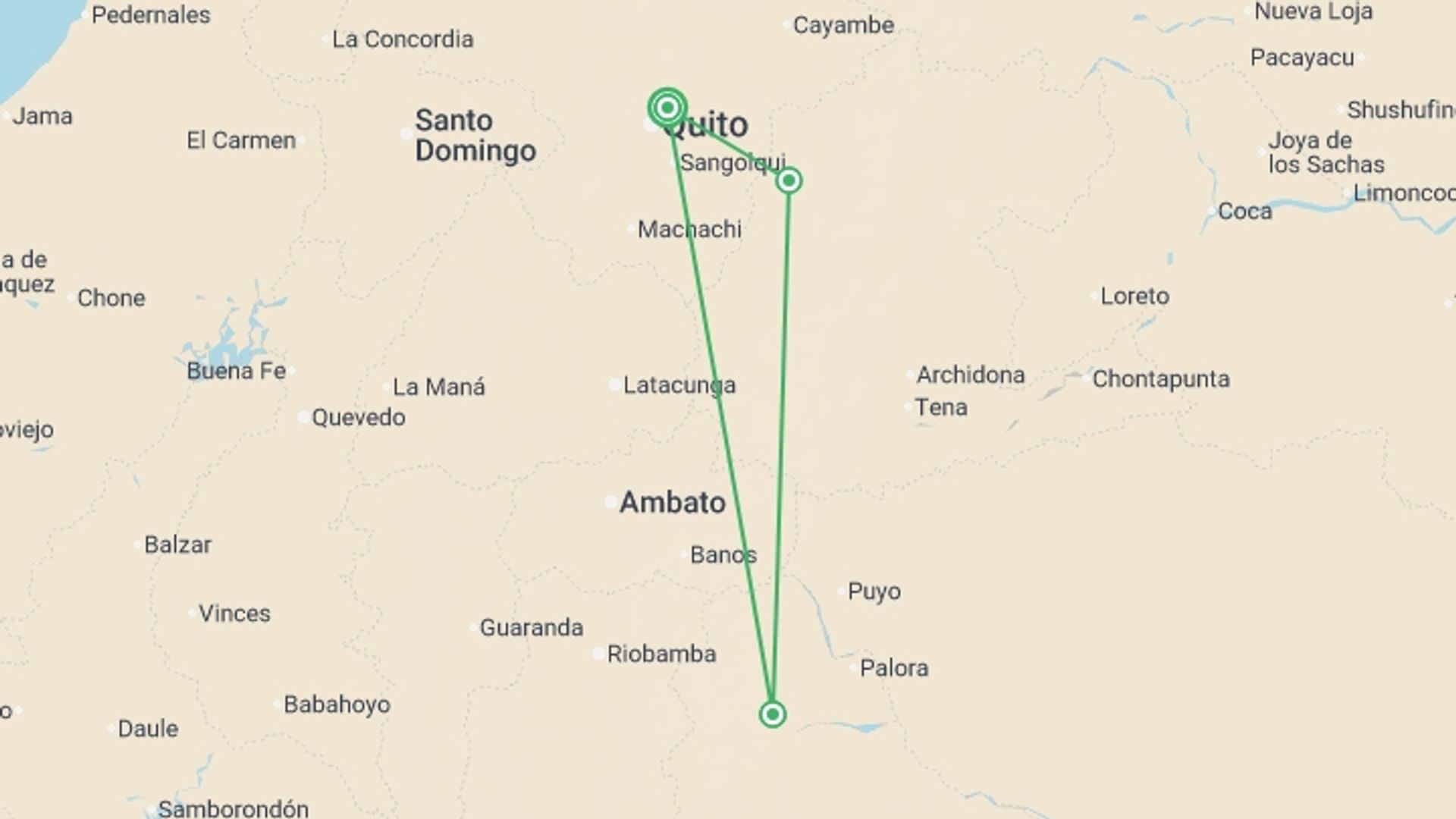 A map showing the tour itinerary for the trip: Ecuador Family Journey: Volcanoes and the Amazon, starting in Quito, Ecuador and ending in Quito, Ecuador going through 2 other destinations.