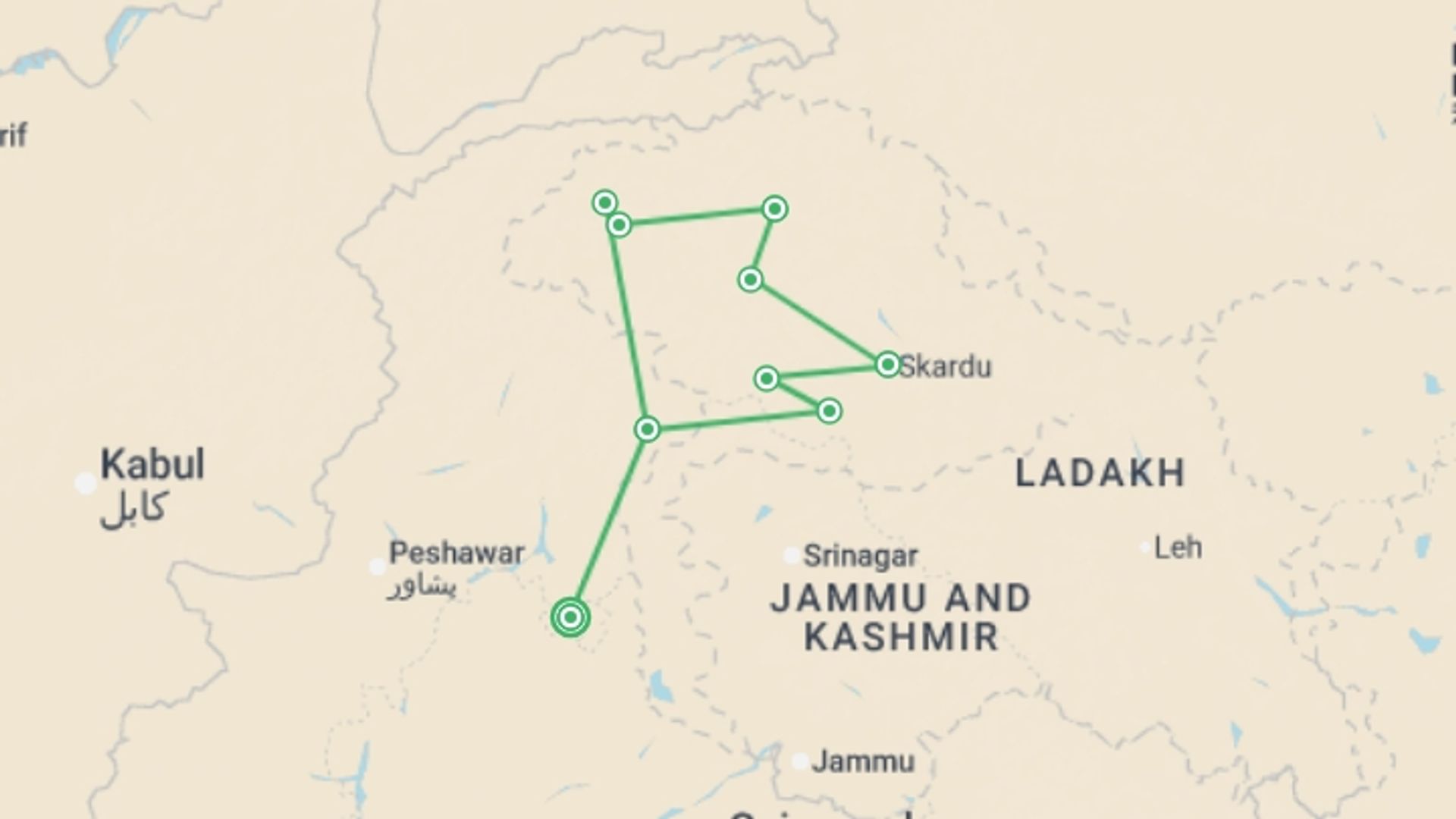 A map showing the tour itinerary for the trip: Pakistan's Karakoram Highway, starting in Islamabad, Pakistan and ending in Islamabad, Pakistan going through 8 other destinations.