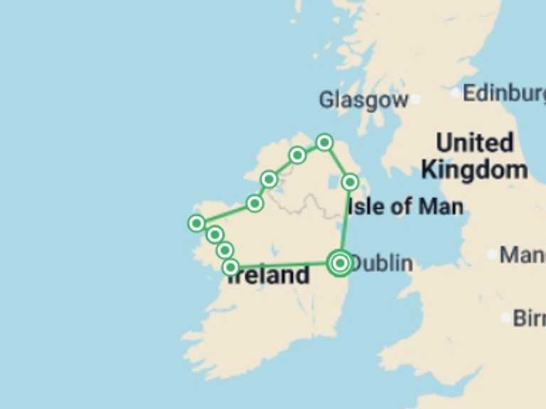 Map of Ireland Tour with 5 destination visits for the trip: Dublin, Northern Ireland & Galway (Hotel) - 5 days
