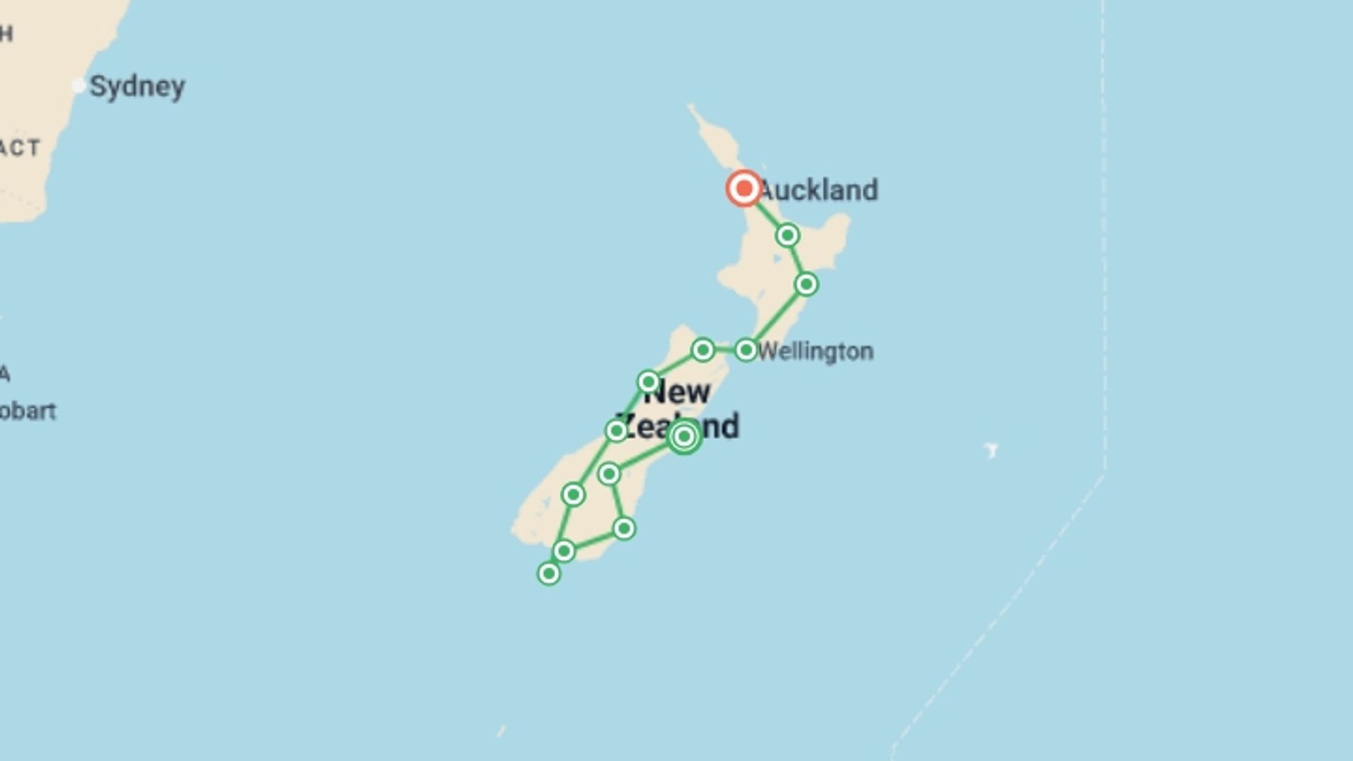 A map showing the tour itinerary for the trip: Essence of New Zealand, starting in Christchurch, New Zealand and ending in Auckland, New Zealand going through 11 other destinations.