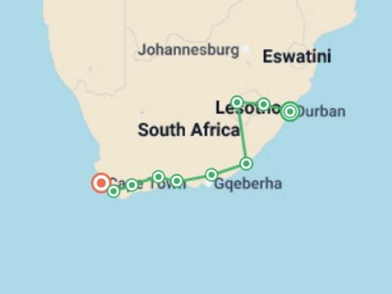 Map itinerary of Africa Tour in January 2027 with 11 destination visits for the trip: Garden Route Adventure