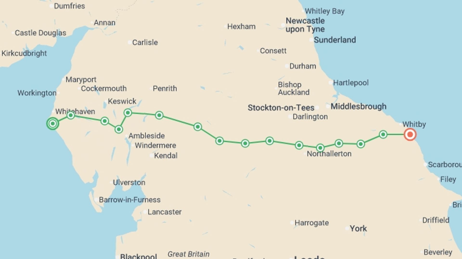 A map showing the tour itinerary for the trip: Coast to Coast Guided Explorer - 17 Days, starting in St Bees, England and ending in Robin Hoods Bay, England going through 14 other destinations.