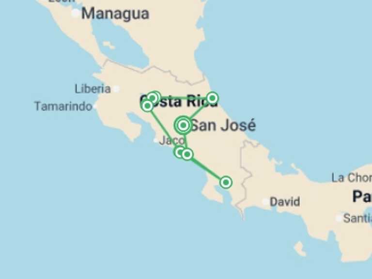 Map of a Wildlife safaris and game drives Tour with 11 destination visits for the trip: Discover Costa Rica
