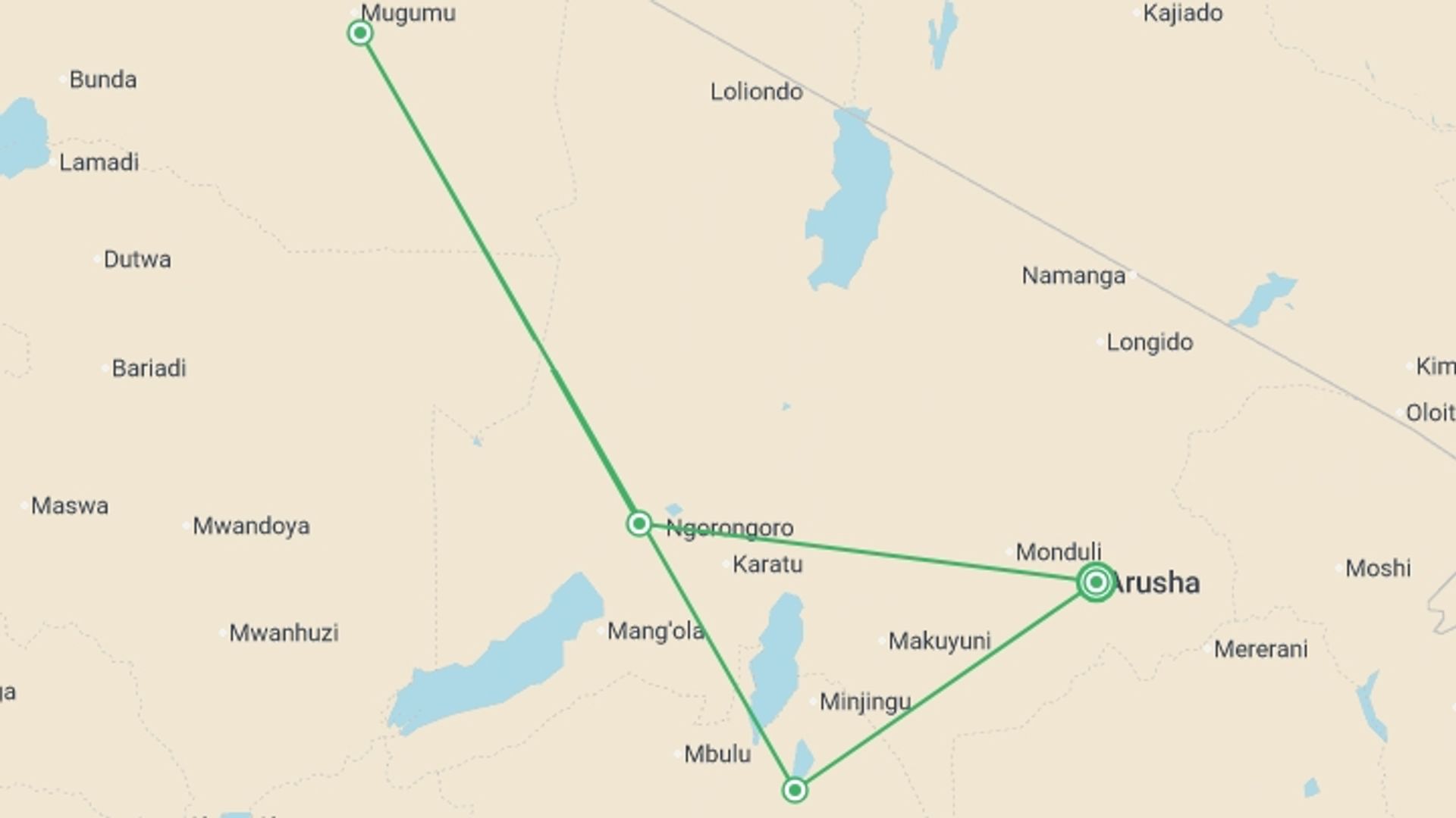A map showing the tour itinerary for the trip: 4-Day Safari in Tarangire, Serengeti & Ngorongoro Private, starting in Arusha, Tanzania and ending in Arusha, Tanzania going through 4 other destinations.