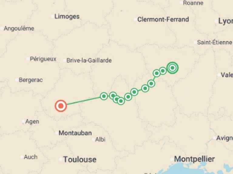 Map itinerary of Mediterranean Tour in April 2026 with 13 destination visits for the trip: Le Puy Camino - Le Puy to Conques
