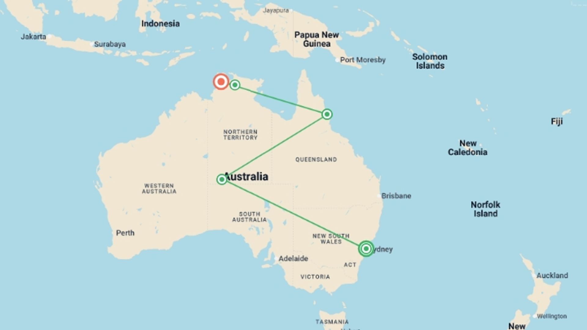 A map showing the tour itinerary for the trip: Australia Explorer, starting in Sydney and NSW, Australia and ending in Darwin, Australia going through 4 other destinations.