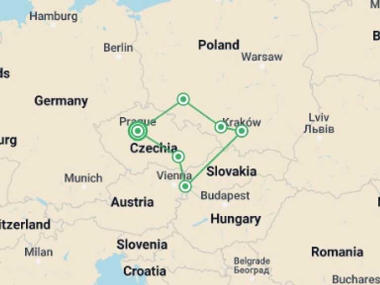 Map of 8-Day Prague Tour with 4 destination visits for the trip: Czech Republic and Poland Highlights, Ending in Prague