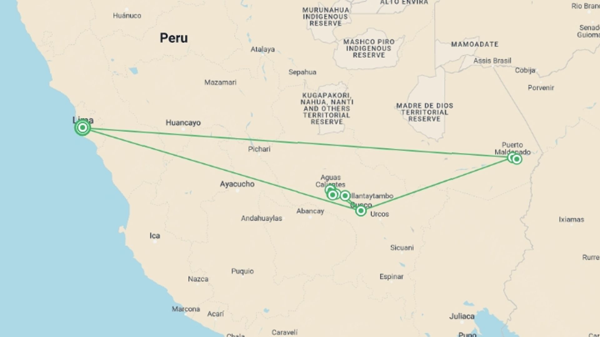 A map showing the tour itinerary for the trip: Amazon to the Andes, starting in Lima, Peru and ending in Lima, Peru going through 8 other destinations.