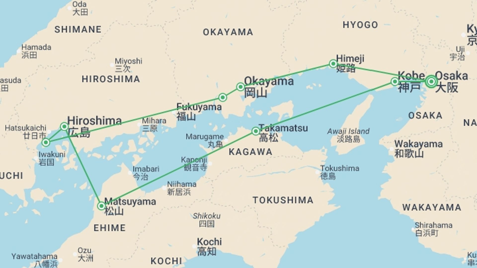 A map showing the tour itinerary for the trip: South Japan Express, starting in Osaka, Japan and ending in Osaka, Japan going through 4 other destinations.