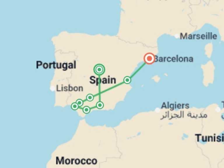 Map itinerary of Granada Tour in December 2026 with 8 destination visits for the trip: Best of Spain
