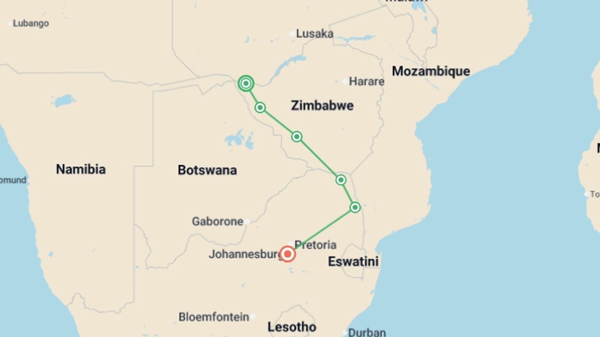 A map showing the tour itinerary for the trip: Vic Falls to Kruger, starting in Victoria Falls, Zimbabwe and ending in Johannesburg, South Africa going through 4 other destinations.