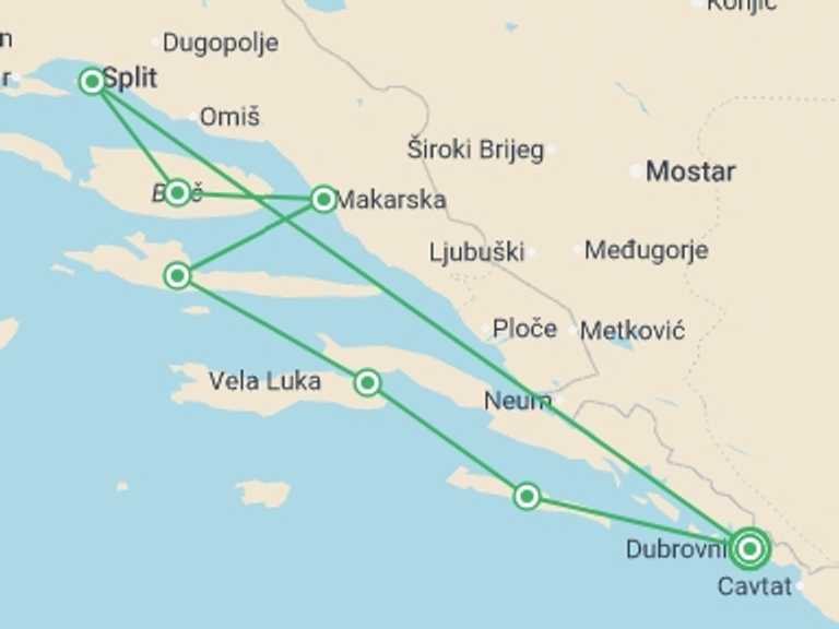 Map of Europe Tour with 7 destination visits for the trip: Croatia Sail – 18 to 35s / Premier Boat