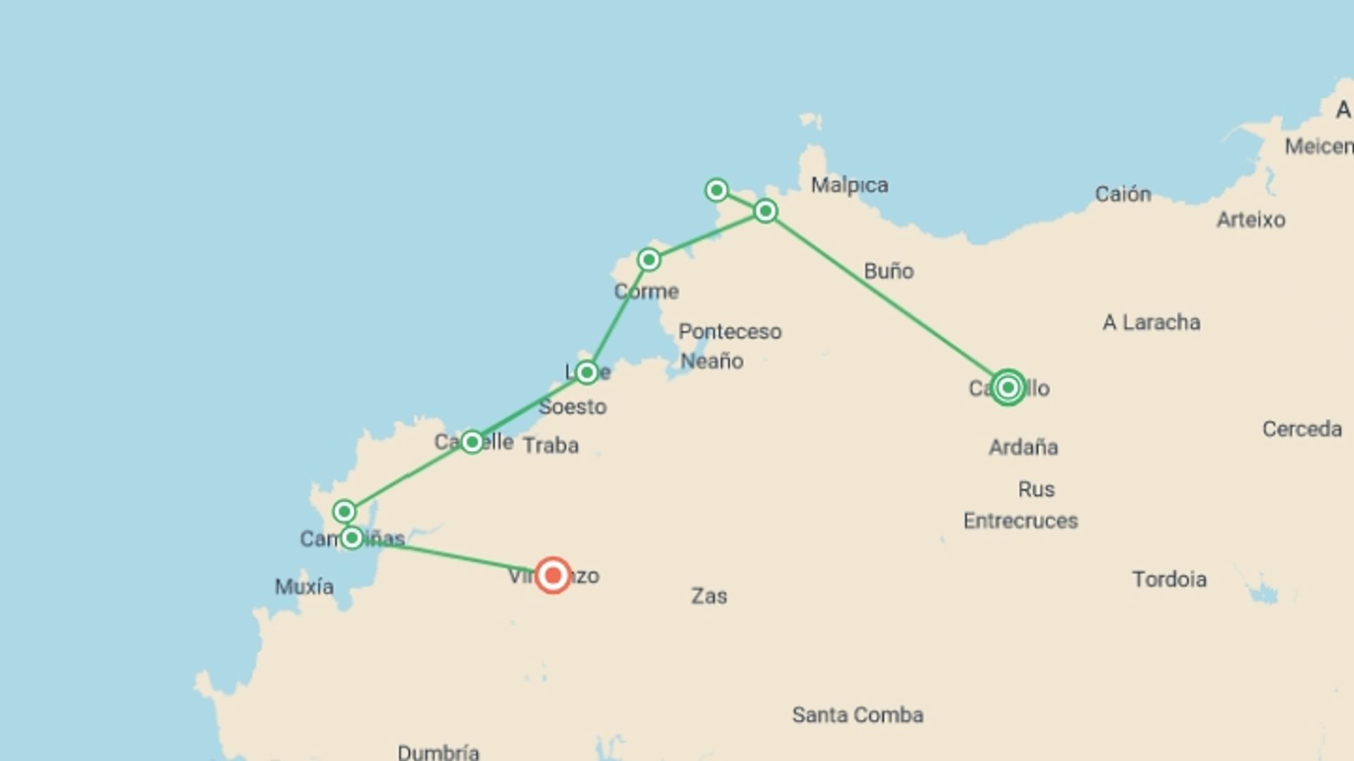 A map showing the tour itinerary for the trip: Camino dos Faros: The Lighthouse Way, starting in Carballo, Spain and ending in Vimianzo, Spain going through 4 other destinations.