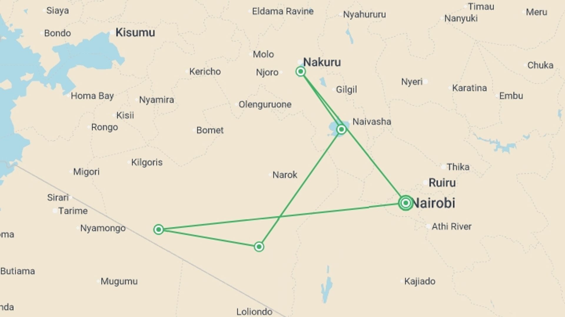 A map showing the tour itinerary for the trip: Kenya Wildlife Safari, starting in Nairobi, Kenya and ending in Nairobi, Kenya going through 4 other destinations.