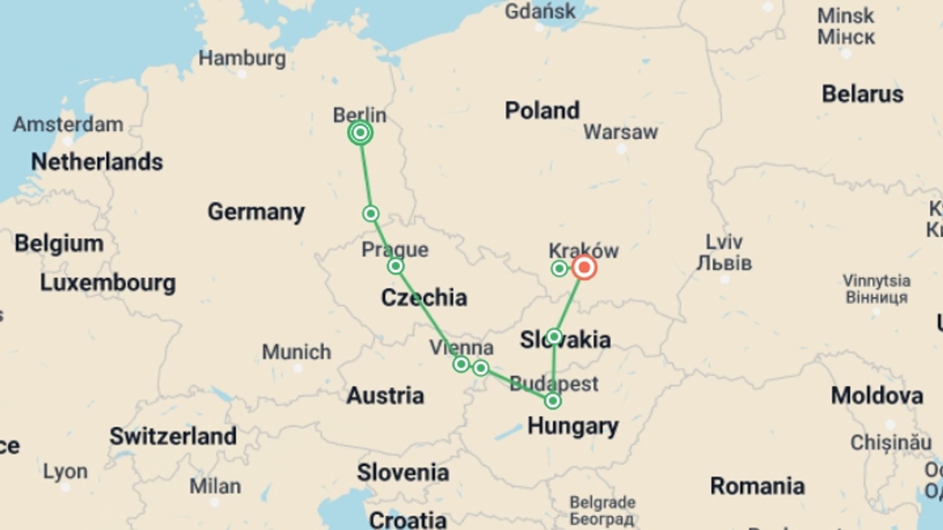 A map showing the tour itinerary for the trip: Majestic Cities of Central & Eastern Europe featuring Berlin, Prague, Vienna, Budapest & Krakow, starting in Berlin, Germany and ending in Krakow, Poland going through 0 other destinations.