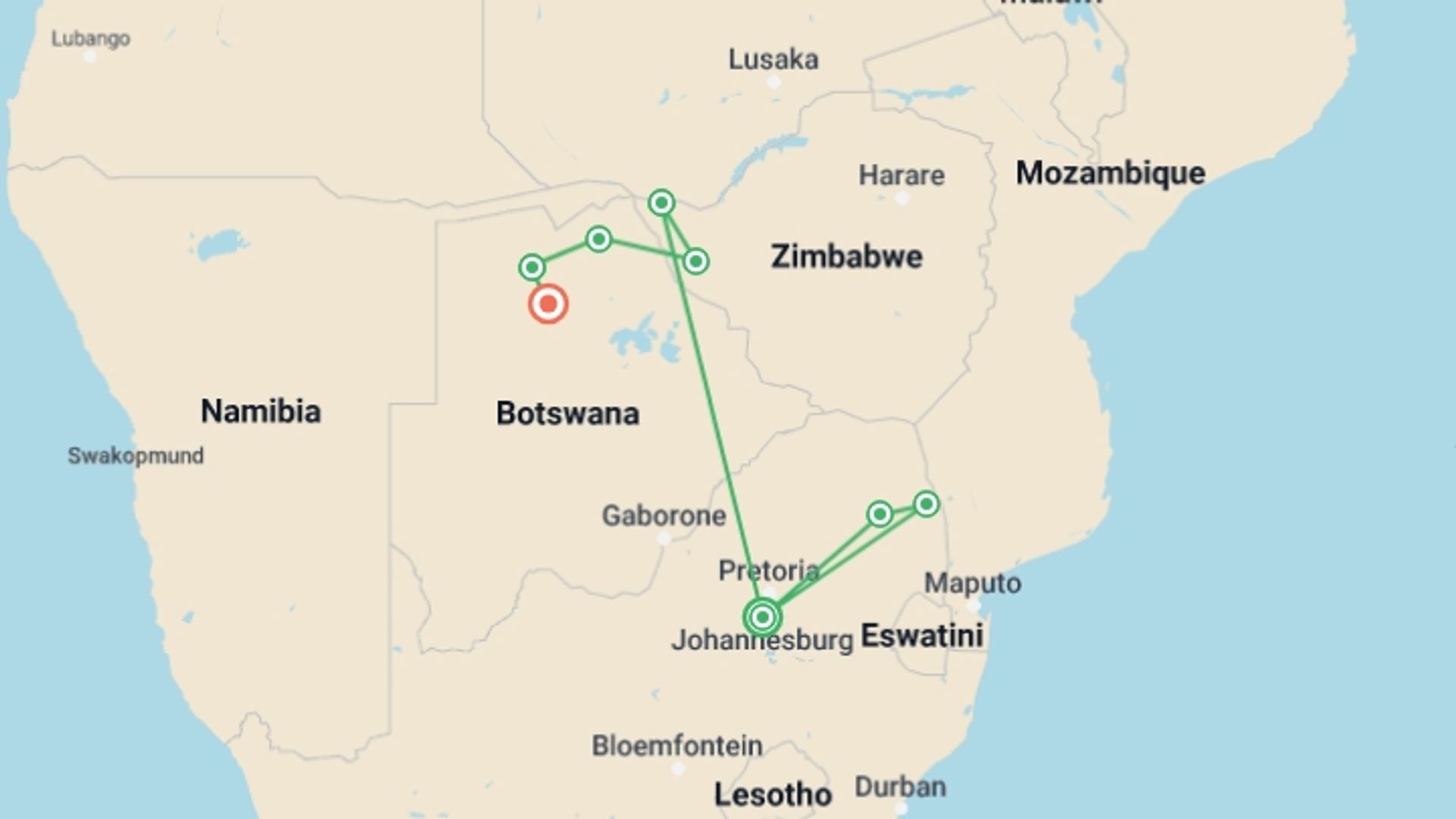A map showing the tour itinerary for the trip: Journeys: Southern Africa Safari Experience, starting in Johannesburg, South Africa and ending in Maun, Botswana going through 6 other destinations.