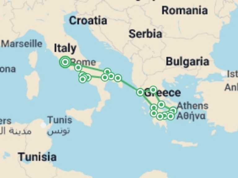 Map itinerary of Sorrento Tour in February 2026 with 11 destination visits for the trip: Rome, Complete Greece, Heart of Italy and Sorrento