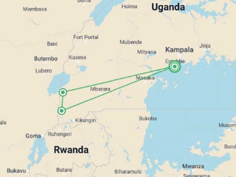 Map of a Wildlife safaris and game drives Tour with 4 destination visits for the trip: 5-Day Gorilla Trekking, Big 5 & Big Cats Safari