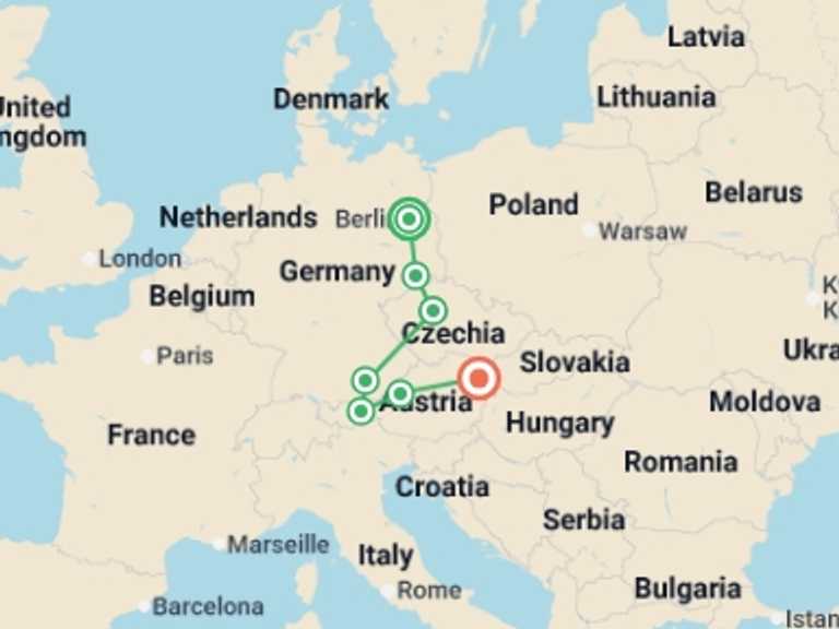 Map of Europe Tour with 5 destination visits for the trip: Three Capitals