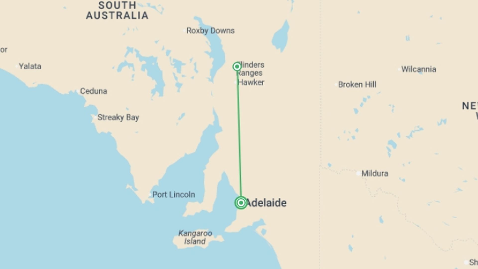 A map showing the tour itinerary for the trip: South Australia's Arkaba Walk (ex-Adelaide), starting in undefined, Australia and ending in undefined, Australia going through 0 other destinations.